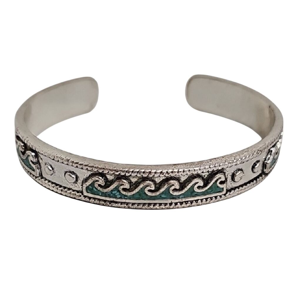 Lucky Brand Intricate Silverplate Seafoam Green Wave Cuff Adjustable Bracelet